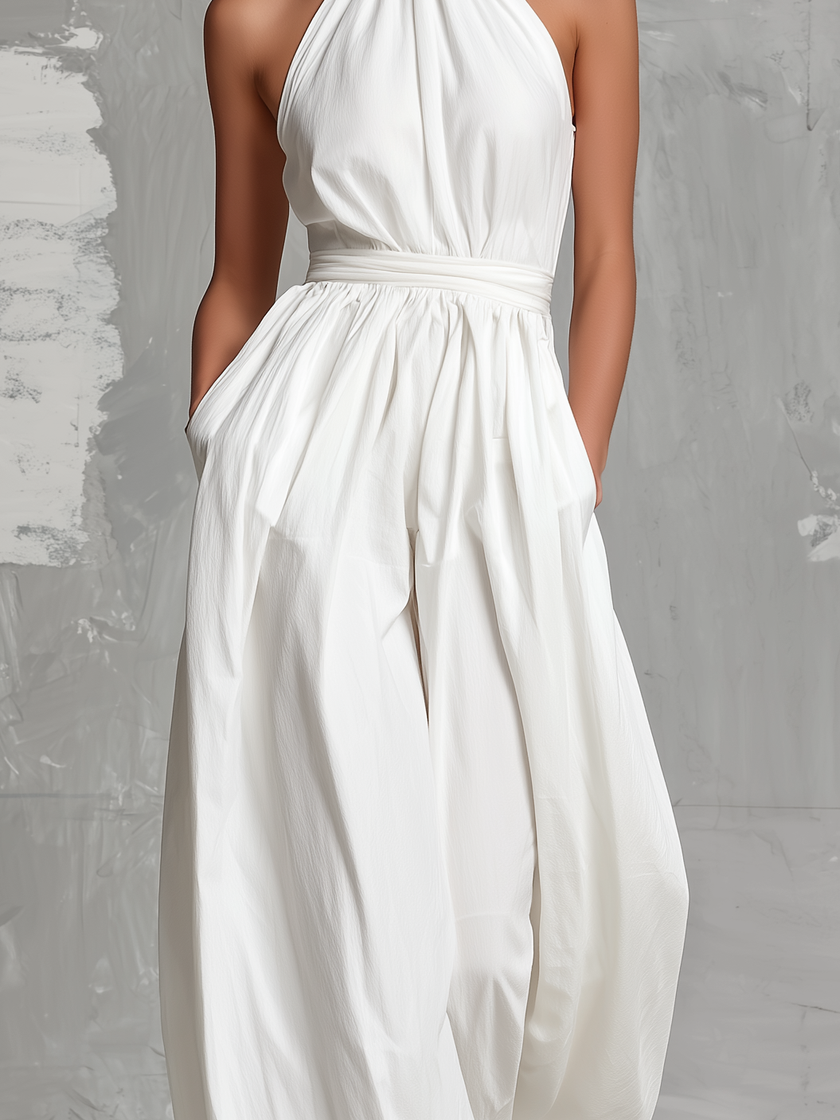 FJØRNA women's woven halter-neck sleeveless jumpsuit with wide-leg pants, elegant and stylish for summer wear.