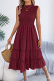 FJØRNA solid color sleeveless patchwork casual midi dress with tucked design, perfect for relaxed, stylish summer wear.