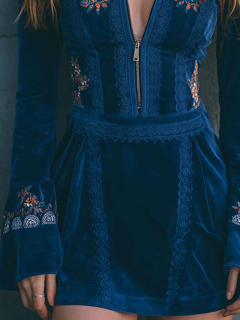 Blue Velvet Embroidered Mini Dress | Casual Dress