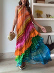 Unique Colorful Print Ruffle Women's Maxi Dress - Summer