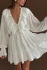 FJØRNA solid color V-neck ruffled ruched long-sleeved vacation mini dress, casual wedding dress with a flattering fit and feminine details.