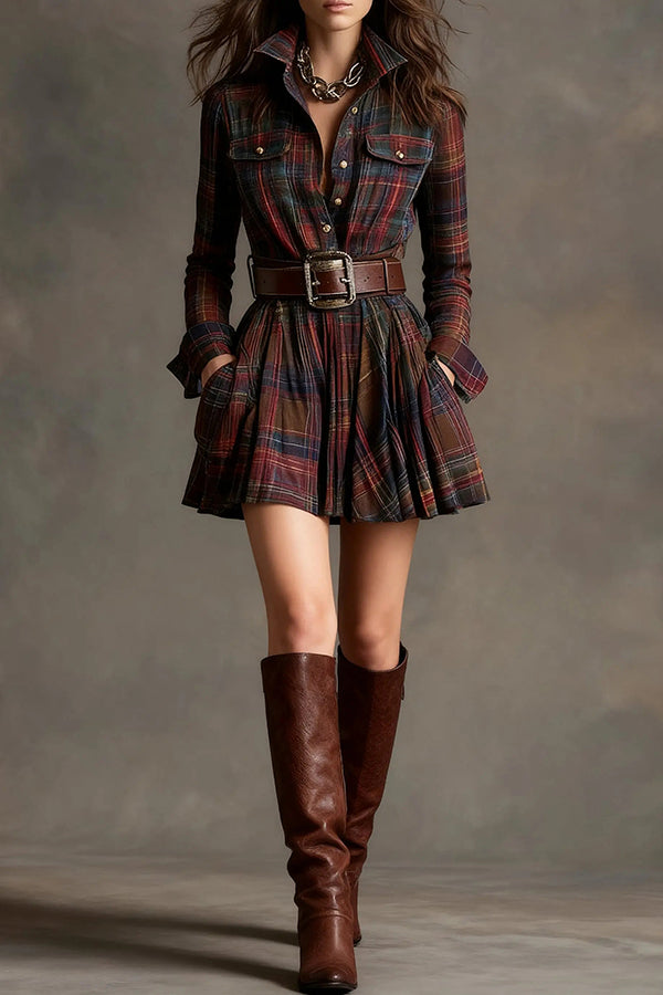 FJØRNA plaid print lapel long sleeve mini dress with pocket, stylish women's dress featuring a classic pattern and modern fit.