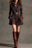 FJØRNA plaid print lapel long sleeve mini dress with pocket, stylish women's dress featuring a classic pattern and modern fit.
