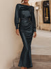 Elegant FJØRNA satin long sleeve maxi dress with draped design, flowing fabric, and sophisticated silhouette.