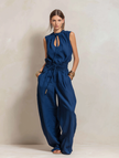 Dark blue FJØRNA women's cotton-linen jumpsuit with round neck, sleeveless design, slim fit, ideal as stylish women's pants.
