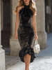 FJØRNA ruffled halter velvet midi dress for women, featuring a flowing velvet fabric and elegant ruffle details.