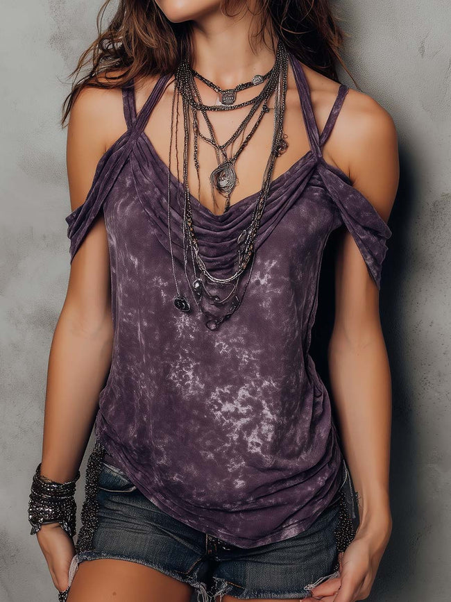 Purple boho tie-dye FJØRNA women's strappy cami top with short sleeves, featuring a relaxed fit and vibrant tie-dye pattern.