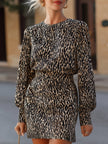 FJØRNA leopard print long-sleeve tailored mini dress with fitted silhouette and stylish design.