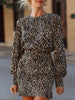 FJØRNA leopard print long-sleeve tailored mini dress with fitted silhouette and stylish design.