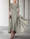 FJØRNA chiffon midi dress for women with A-line silhouette and three-quarter sleeves, flowing and elegant.