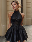 FJØRNA elegant high-neck satin bubble mini dress for women, showcasing a sleek satin dress with a fitted high-neck design.