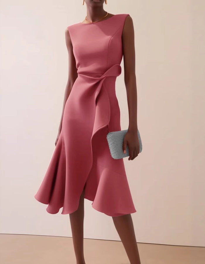 Pink FJØRNA midi dress for women with round neck, sleeveless design, ruffle details, and bow accents.