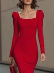 Red FJØRNA square-neck puff-sleeve bodycon midi dress displayed on a model, showcasing its fitted silhouette and stylish design.