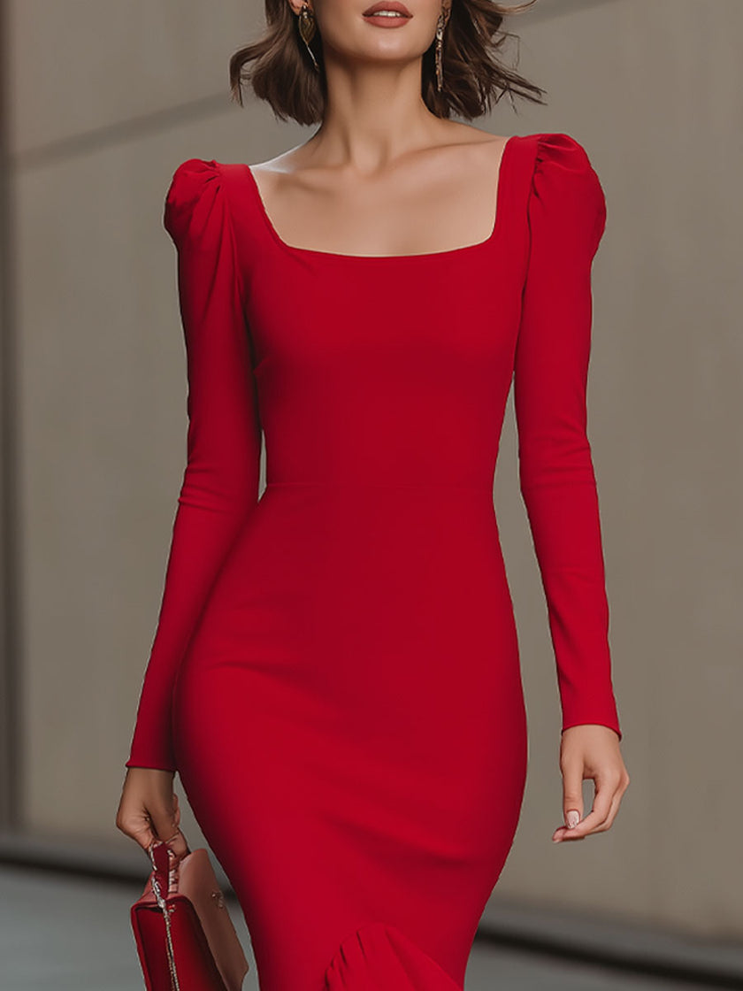 Red FJØRNA square-neck puff-sleeve bodycon midi dress displayed on a model, showcasing its fitted silhouette and stylish design.