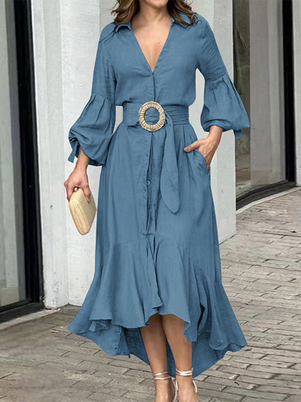 FJØRNA white high-low puff sleeve pleated maxi dress with lapel collar, elegant solid color design, flowing and stylish.