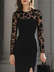 Black FJØRNA mermaid midi dress with floral lace sheer sleeves, fitted silhouette, and elegant design.