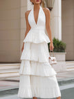 FJØRNA ivory tiered halter maxi dress for women, flowing white dress with layered design and halter neckline, elegant and feminine.