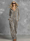 Grey velvet leopard print hooded wide-leg jumpsuit by FJØRNA, featuring a relaxed fit and stylish hooded design.