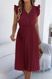 FJØRNA solid color V-neck sleeveless midi dress with lace-trimmed details and pleated skirt, casual and elegant for warm weather.