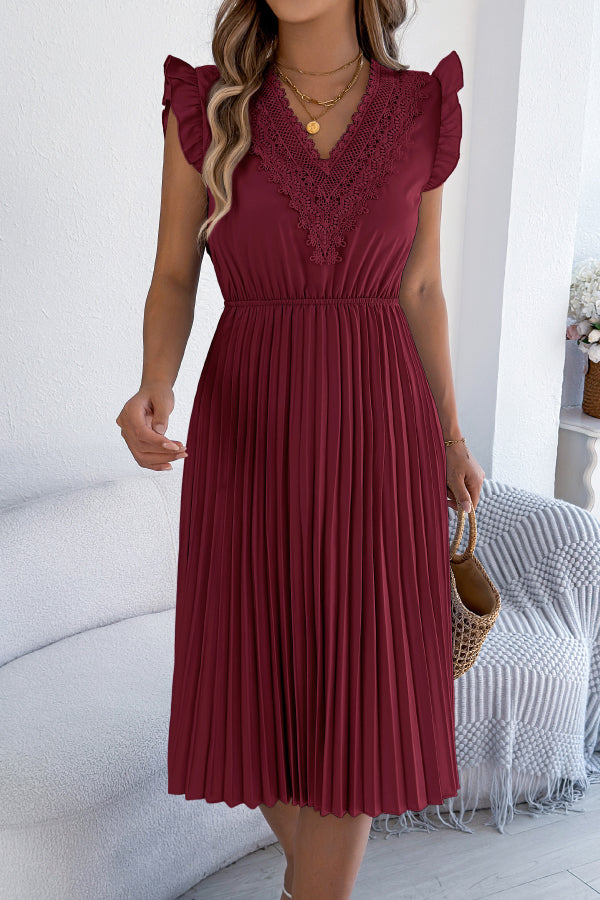 FJØRNA solid color V-neck sleeveless midi dress with lace-trimmed details and pleated skirt, casual and elegant for warm weather.