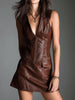 Brown eco leather zip-front mini dress for women by FJØRNA, featuring a stylish fit and front zipper detail.