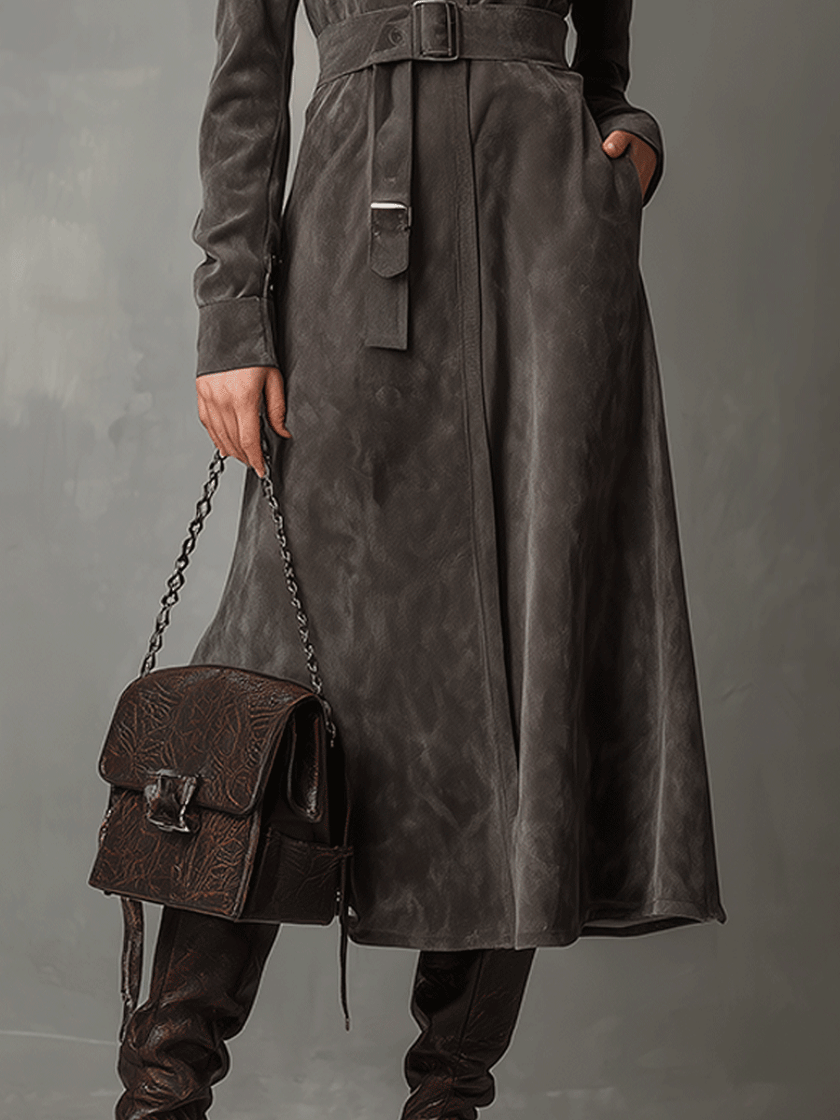 FJØRNA high neck belted suede midi dress displayed on a hanger, showcasing its elegant design and rich suede texture.