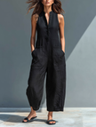 FJØRNA women's linen blend sleeveless jumpsuit with stand collar, button-up front, loose fit, stylish pants for women.