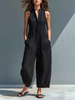 FJØRNA women's linen blend sleeveless jumpsuit with stand collar, button-up front, loose fit, stylish pants for women.