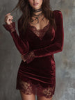 FJØRNA sparkling velvet lace-trim mini dress in spiced wine red, featuring elegant lace details and a fitted silhouette.