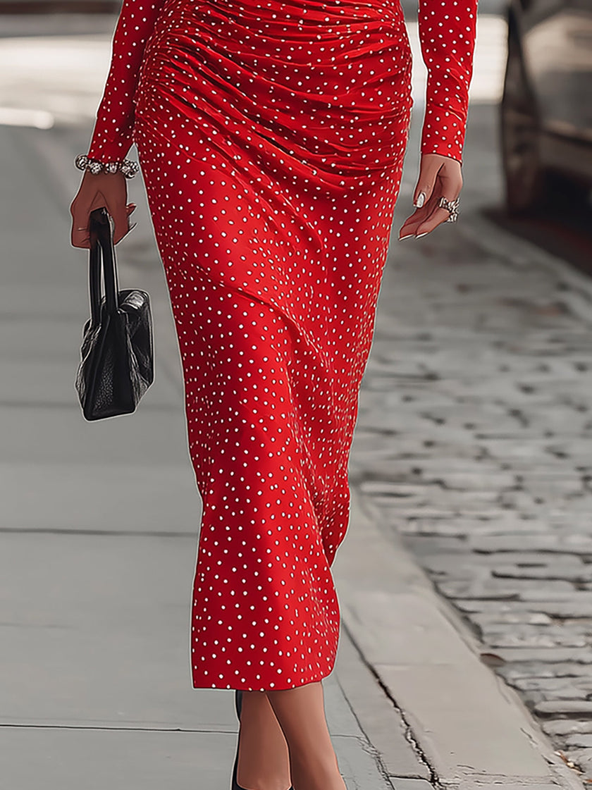FJØRNA elegant red satin midi dress with polka dots, featuring a fitted waist and flowing skirt, perfect for formal occasions.