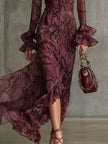 FJØRNA burgundy chiffon ruffle maxi dress with flowing fabric and elegant design, perfect for evening occasions