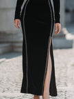 FJØRNA velvet long-sleeve square-neck gown with rhinestone trim, elegant women’s dress featuring a luxurious fabric and sophisticated design.