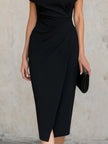 FJØRNA minimalist black asymmetric one-shoulder midi dress, elegant and stylish, displayed on a hanger against a neutral background.