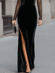 FJØRNA black velvet sweetheart gown with sheer long sleeves, elegant black maxi dress for formal occasions.