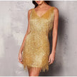 FJØRNA elegant mini dress for women featuring fringe detail, perfect for cocktail or evening occasions.