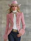 Pink faux suede and fur blazer with multi-button lapel, stylish jacket from FJØRNA in a chic, tailored design.