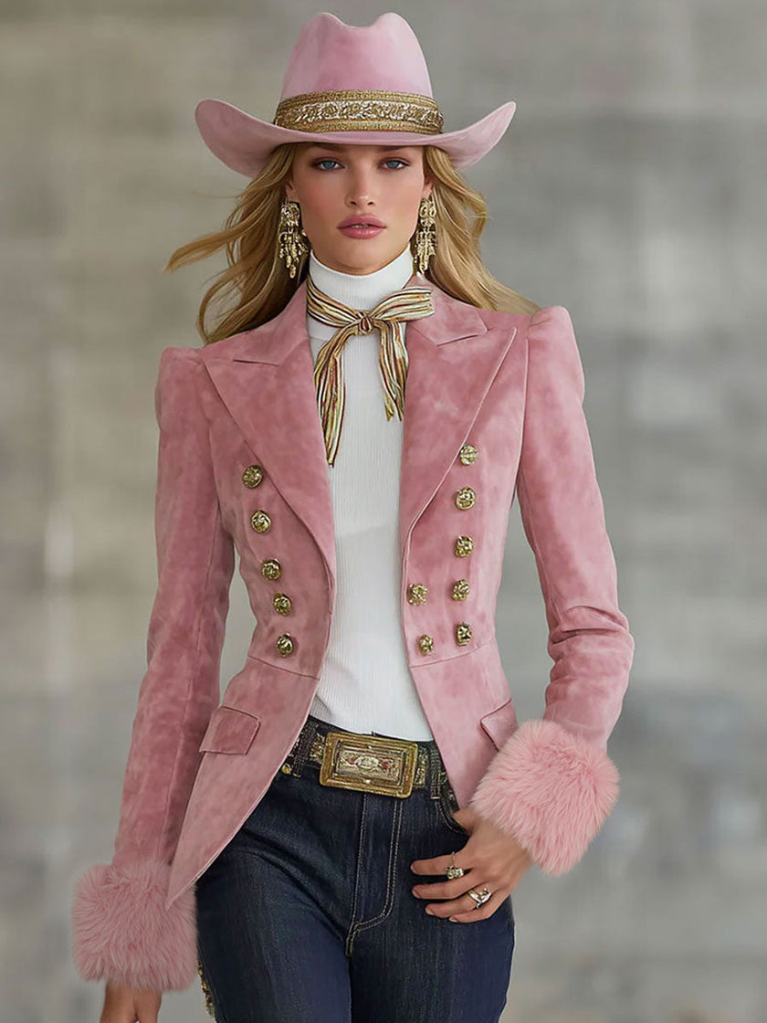 Pink faux suede and fur blazer with multi-button lapel, stylish jacket from FJØRNA in a chic, tailored design.