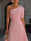 FJØRNA blush pink one-shoulder midi dress with long sleeves, featuring a stylish short sleeve design and elegant fit.