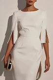 FJØRNA solid color elegant round neck midi dress with half sleeves and beaded decoration, slim fit design, suitable for formal occasions.