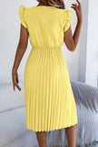 FJØRNA solid color V-neck sleeveless midi dress with lace trim and pleated design, casual and stylish for everyday wear.