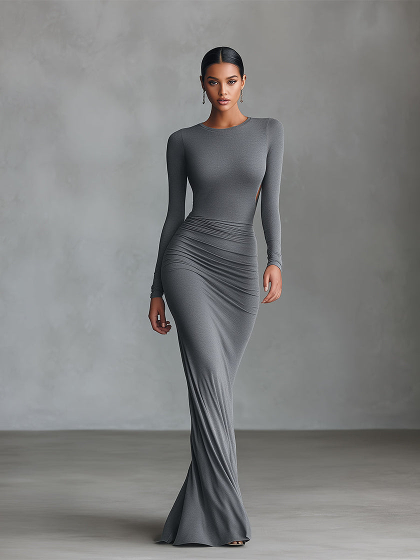 Grey Knit Ruched Maxi Dress | Evening Dress