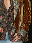 FJØRNA brown floral print velvet patchwork blazer for women, featuring a stylish design and tailored fit.