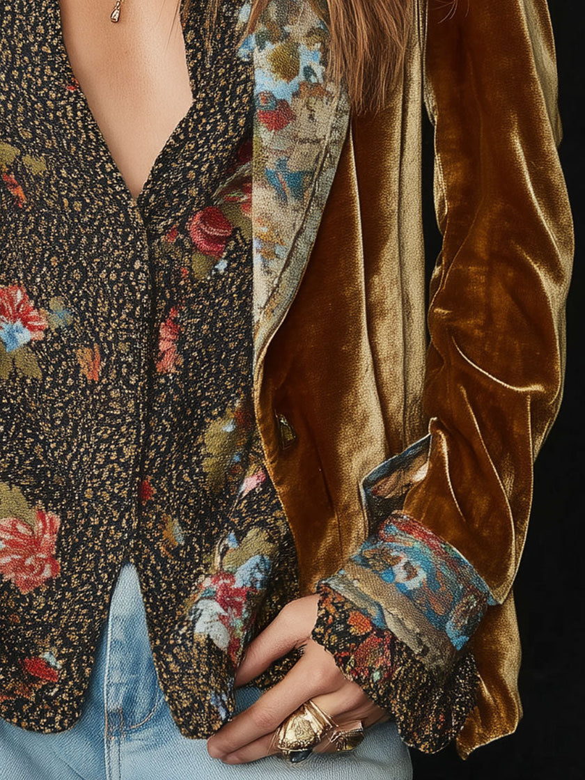FJØRNA brown floral print velvet patchwork blazer for women, featuring a stylish design and tailored fit.