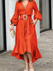 FJØRNA white maxi dress with high-low puff sleeves, pleated fabric, solid color, and lapel collar on a model.