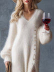 White Knit V-Neck Midi Dress For Women