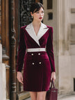 FJØRNA burgundy velvet blazer dress with contrast lapel and double-breasted front, stylish and elegant for evening wear