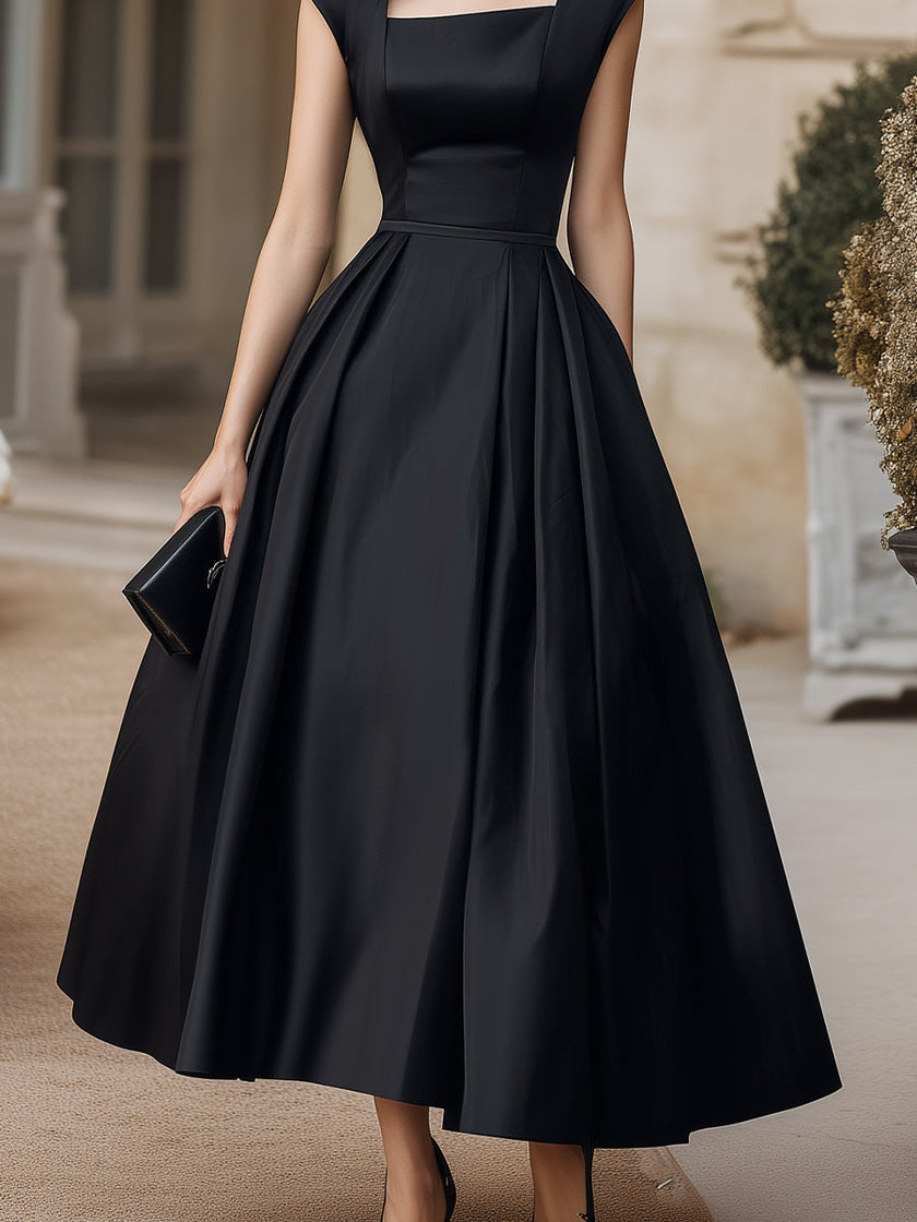 FJØRNA square neck structured midi dress with floral shoulder accents, showcasing a stylish and elegant dress design.