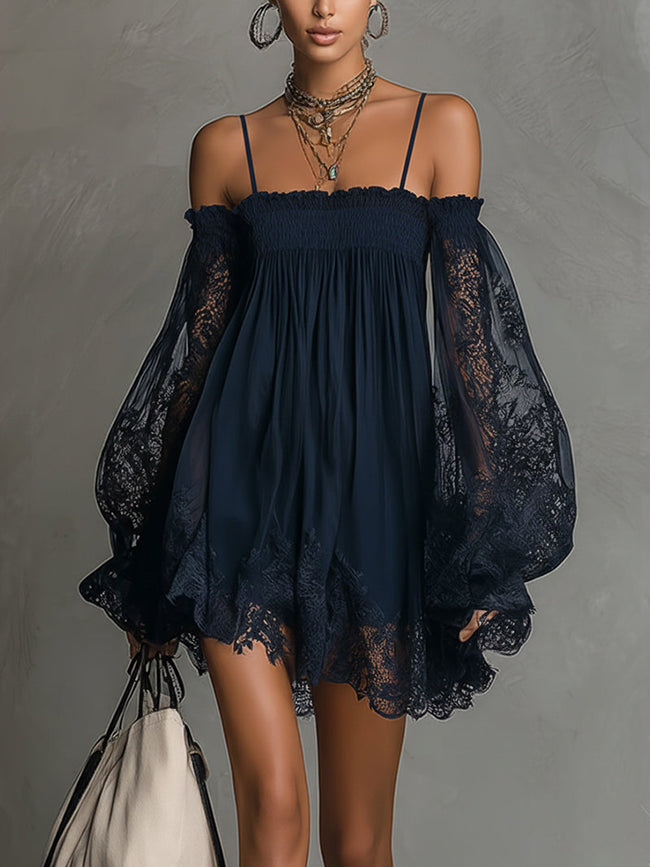 FJØRNA elegant mini dress for women, off-shoulder with pleated design, stylish women's dress for special occasions.