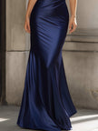 FJØRNA satin halter neck ruched maxi dress with long sleeves, elegant and flowing for formal occasions.