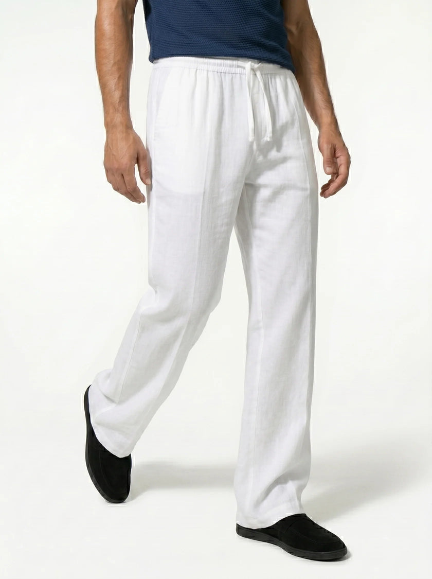 Men's linen trousers by FJØRNA, relaxed fit summer pants, breathable lightweight linen fabric, natural beige color.